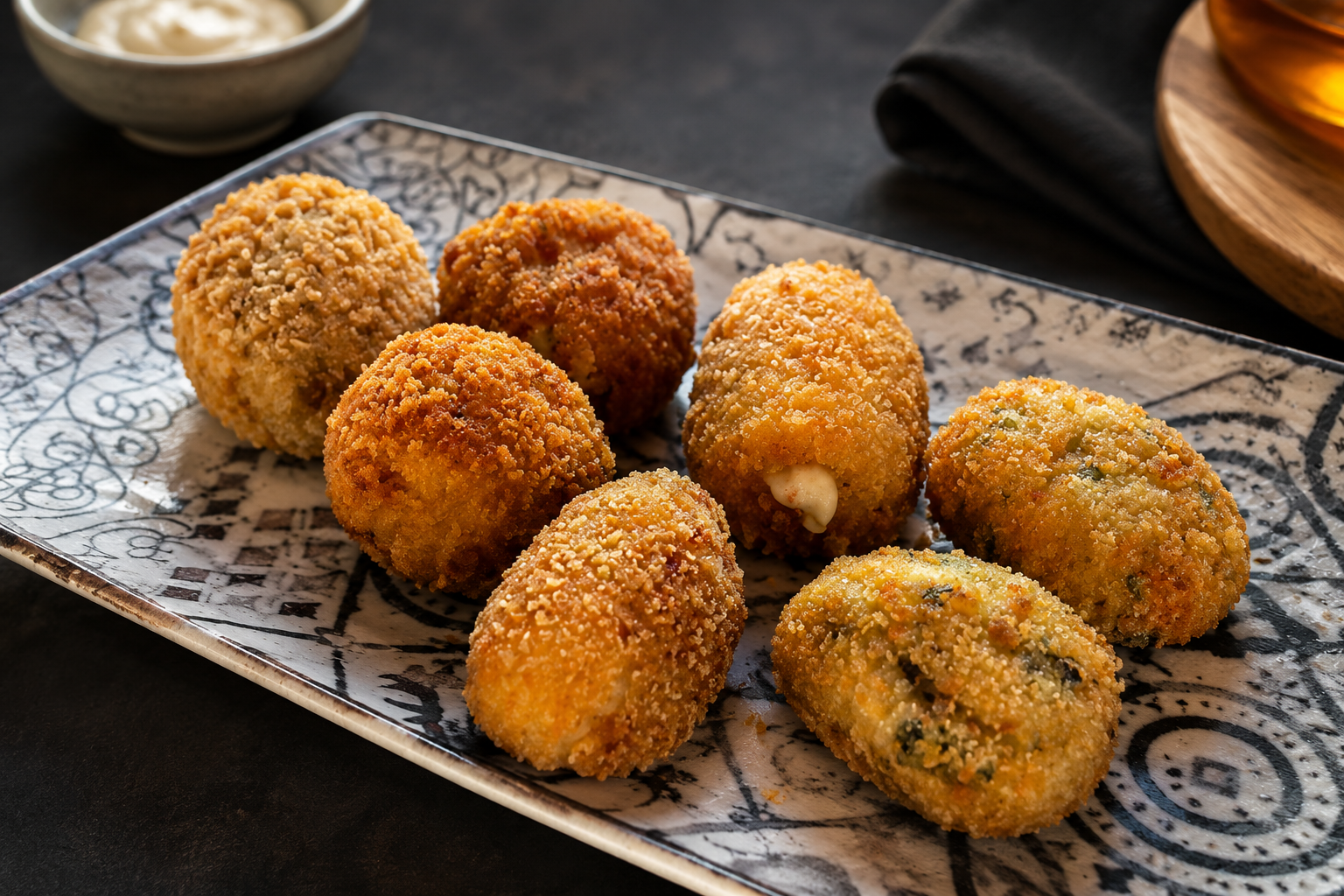 Ración de croquetas caseras recién fritas en Tapas y Pintxos Goya, Móstoles