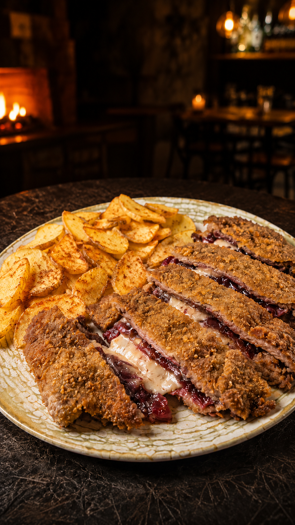 Cachopo de ternera con cecina, queso de cabra y cebolla al Oporto en Tapas y Pintxos Goya de Móstoles