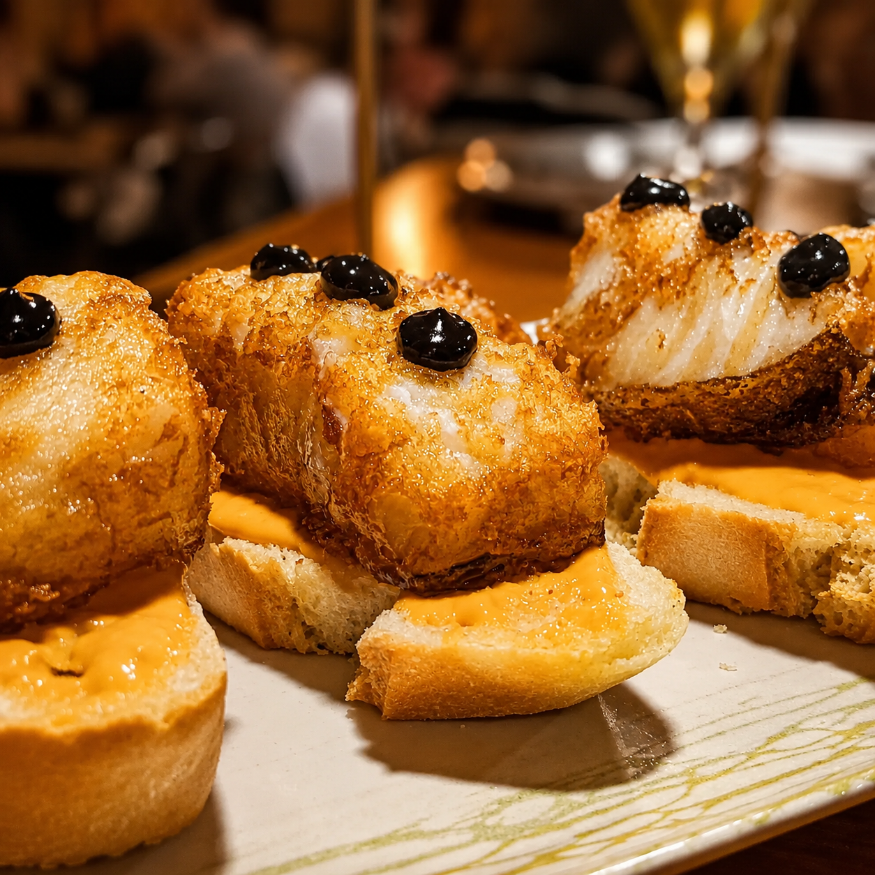 Bacalao crujiente servido en Tapas y Pintxos Goya de Móstoles