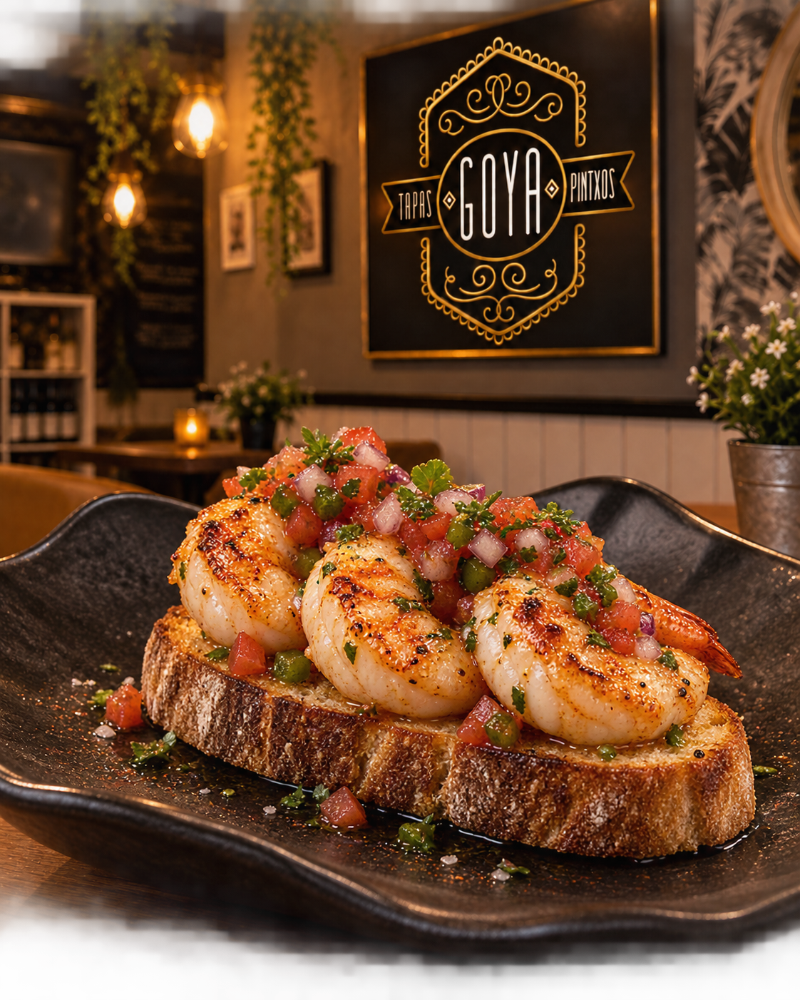 Tosta de gambones en Tapas y Pintxos Goya de Móstoles